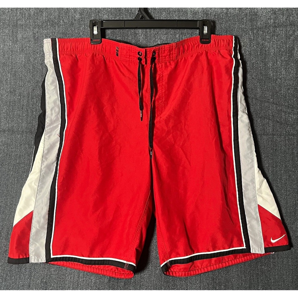 Nike Men's Colorblock Swim Trunks Size L Red Black White Drawstring Mesh Lined